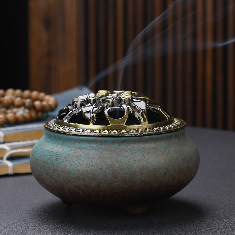 Copper-Lid Ceramic Incense Burner - Mottled glaze