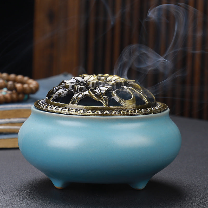 Copper-Lid Ceramic Incense Burner - Light Blue