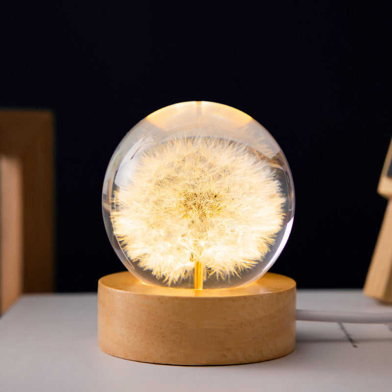 Dandelion Glass Sphere on Beech Stand