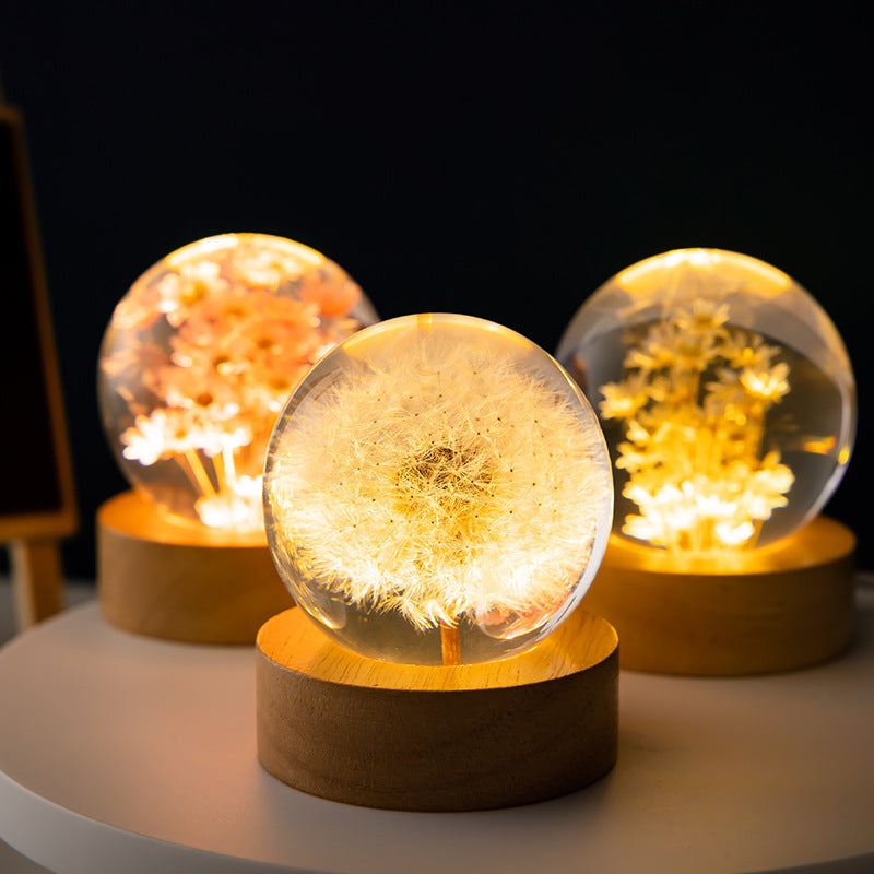 Dandelion Glass Sphere on Beech Stand