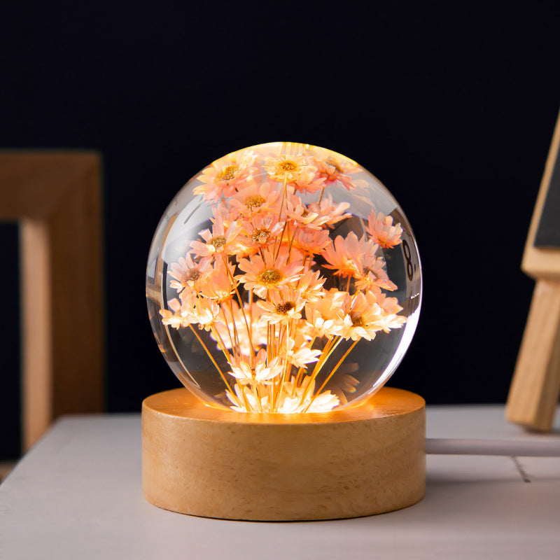 Dandelion Glass Sphere on Beech Stand