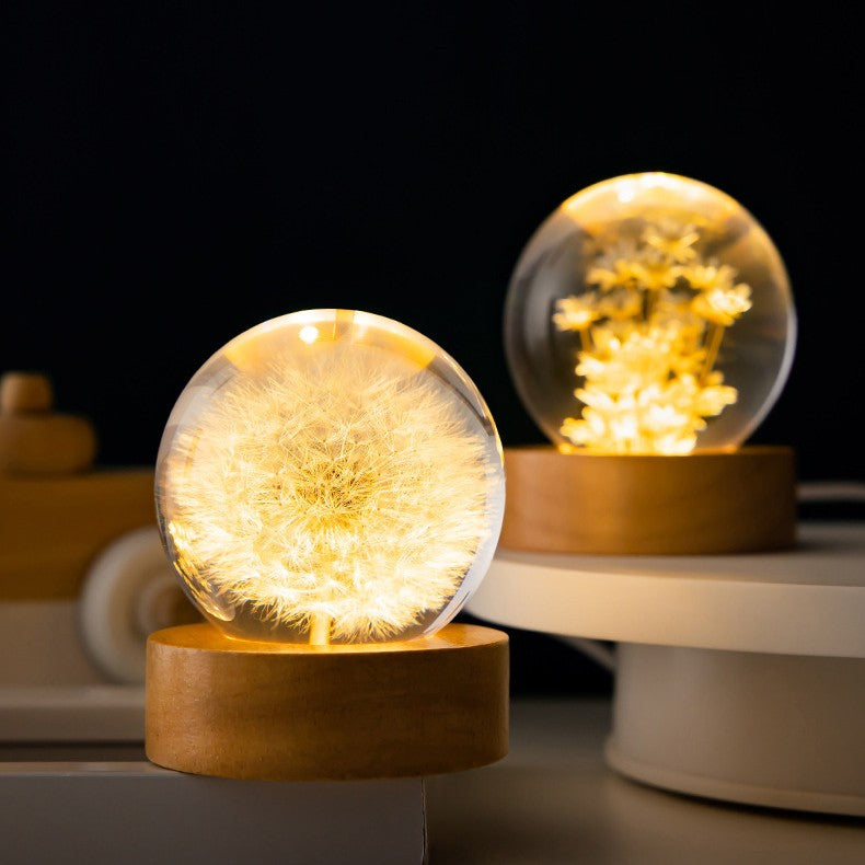 Dandelion Glass Sphere on Beech Stand